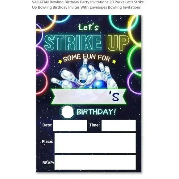 Bowling Birthday Party Invitations 20 Pack Black Blue‎ - Picture 1 of 6